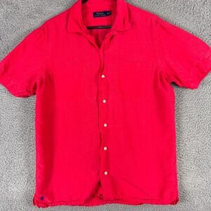 Polo Ralph Lauren Shirt Mens Medium Red Linen Silk Camp Short Sleeve‎ Two Pocket
